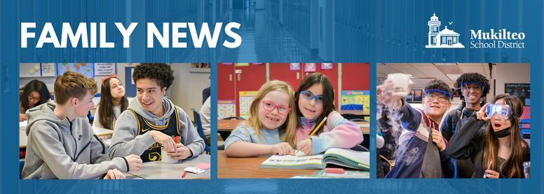 Header featuring three photos of students in classrooms, elementary, middle and high school with text, Family News
