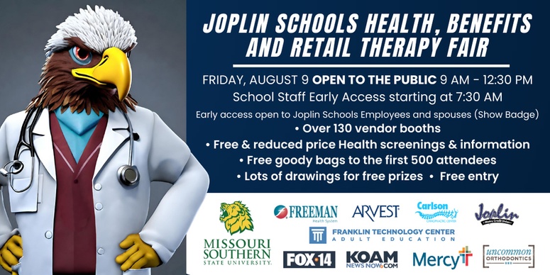 A digital flyer for the Health, Benefits & Retail Therapy Fair from 9am to noon on Friday, Aug. 9 at the JHS gyms.