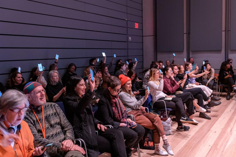 Audience interacting with software created by Jonathan Dahan, Cezar Mocan, and Yehwan Song.