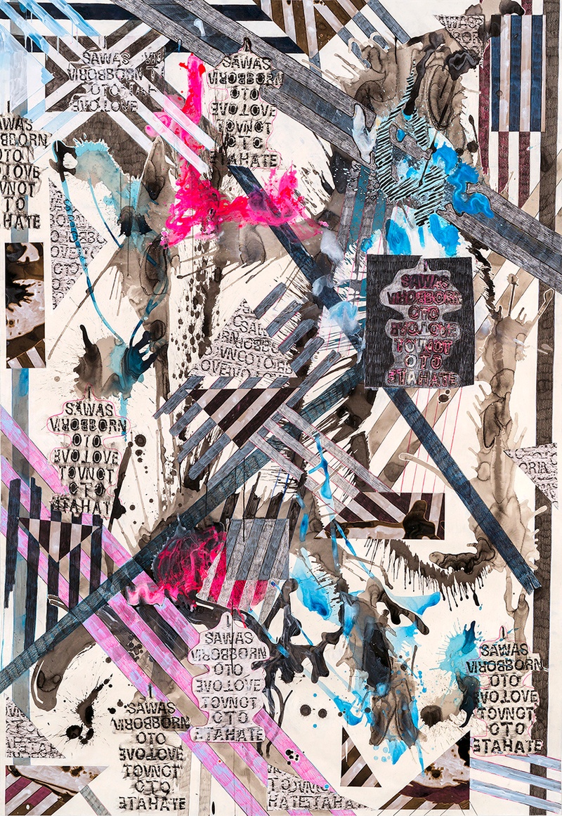 AG-005_Alexandra Grant, Antigone 3000 (3), 2018, Collage, wax rubbing, acrylic paint and ink, sumi ink and colored pencil on paper, 106 x 72 inches_150dpi.jpg