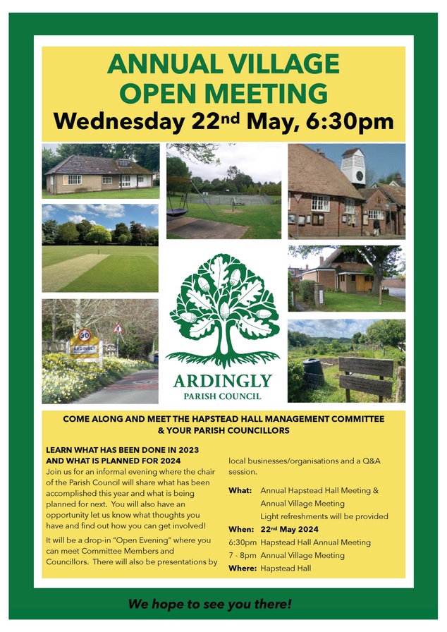 ANNUAL VILLAGE OPEN MEETING, was on Wednesday 22nd May, 6:30pm