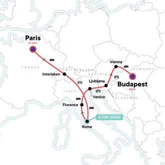 tourhub | G Adventures | Paris to Budapest: Famous Sites & Tasty Bites | Tour Map