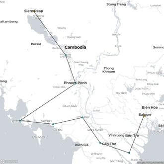 tourhub | Bravo Indochina Tours | 12 Days Cycling from Ho Chi Minh to Siemreap(Depart Tuesday) | Tour Map