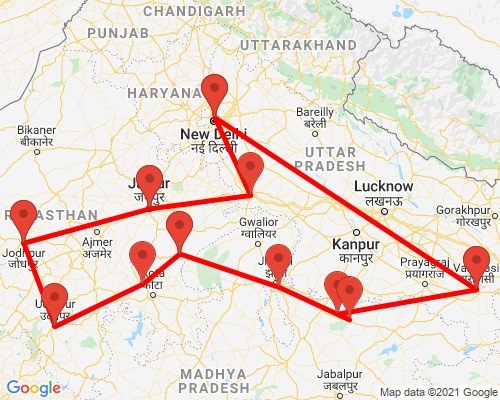 tourhub | Agora Voyages | Rajasthan Fort & Palaces with Temple Town Khajuraho & Varanasi | Tour Map
