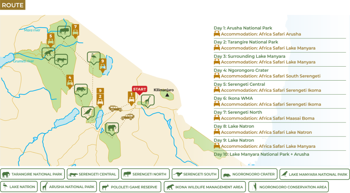 tourhub | Beach and Safari Holidays | Chasing the Big Five: Roaming the African Wilderness | Tour Map