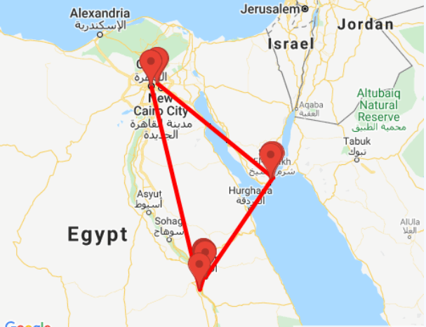 tourhub | Ancient Egypt Tours | 7 Days Cairo Luxor  and Sharm El Shiekh Holiday (3 destinations) | Tour Map
