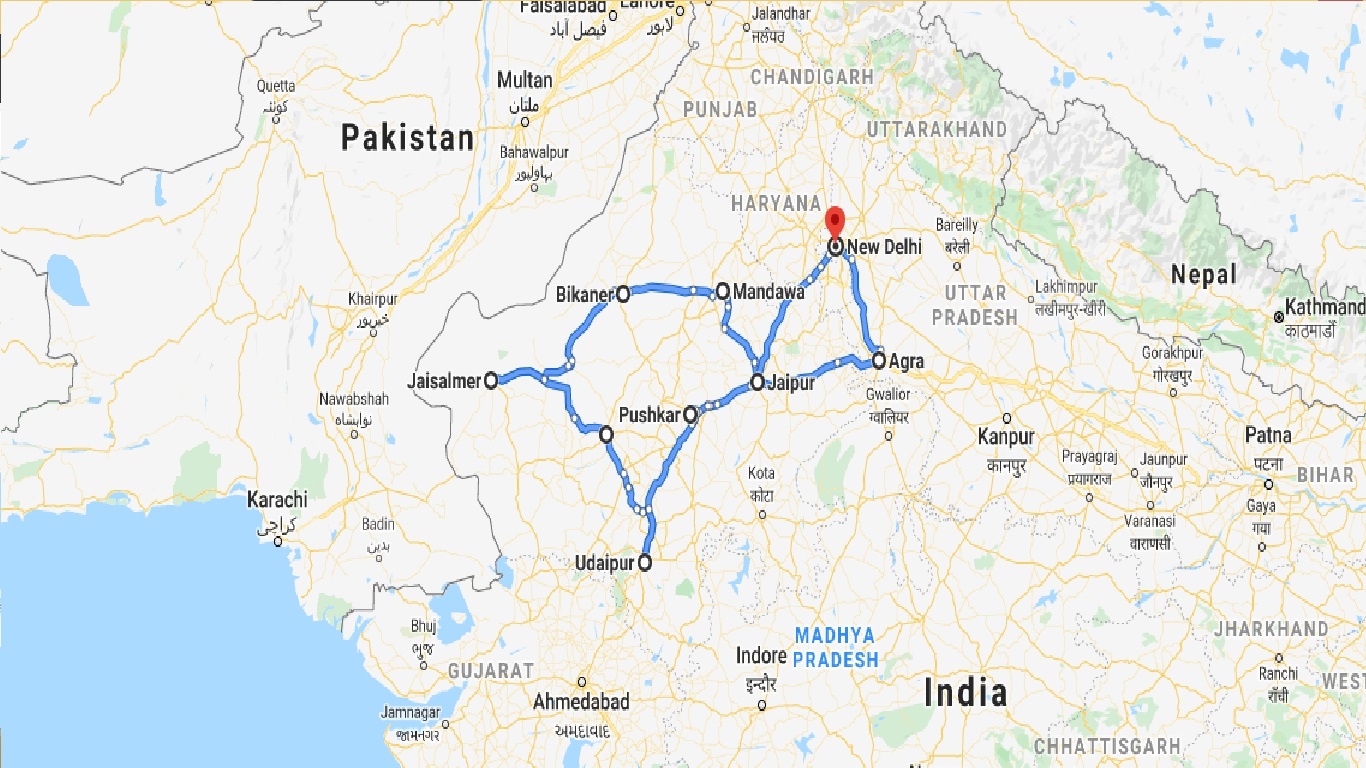 tourhub | Panda Experiences | Rajasthan with Taj Mahal Tour | Tour Map