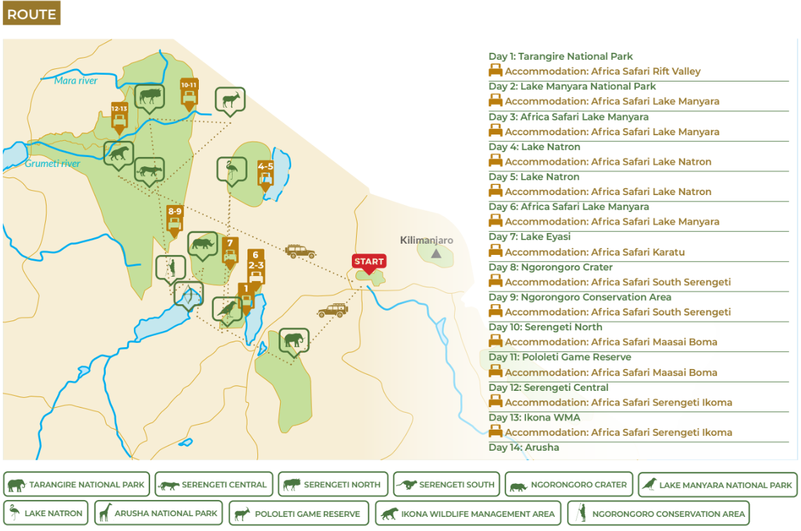 tourhub | Beach and Safari Holidays | Tanzania's Grand 14-Day Safari Expedition | Tour Map