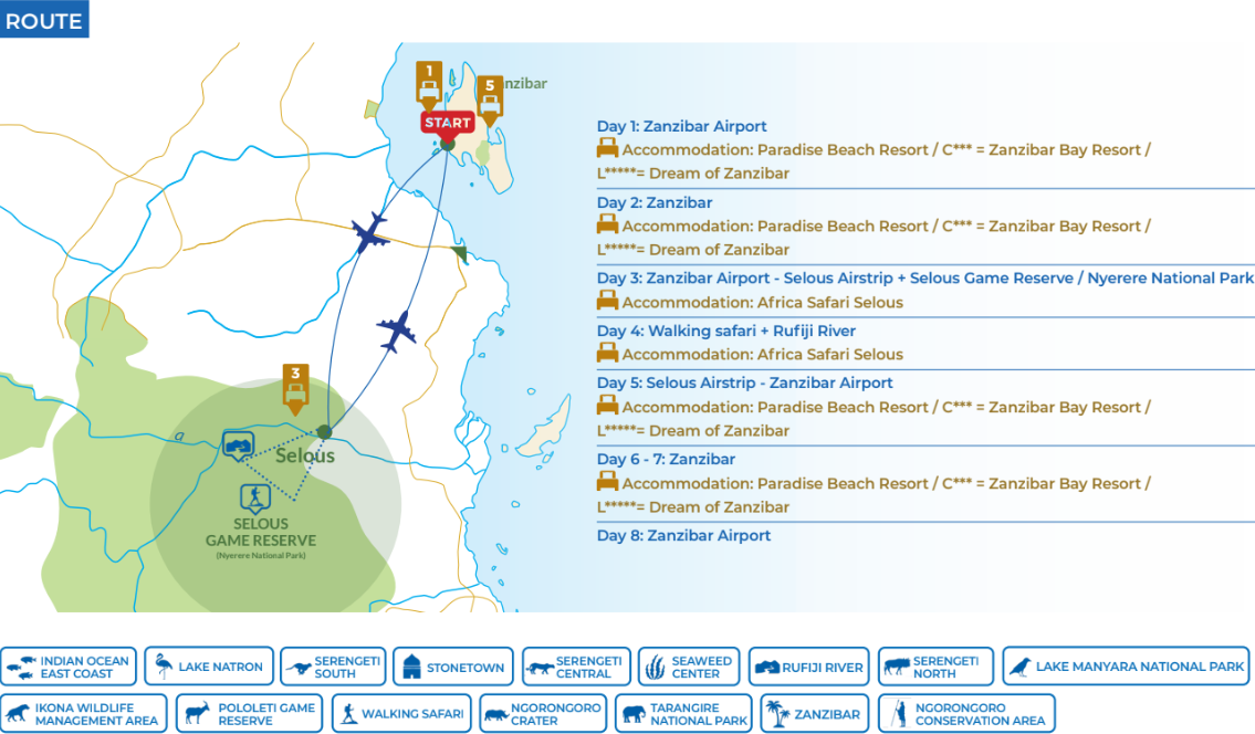 tourhub | Beach and Safari Holidays | Island Dreams & Safari Adventure: Discover Zanzibar and Selous | Tour Map