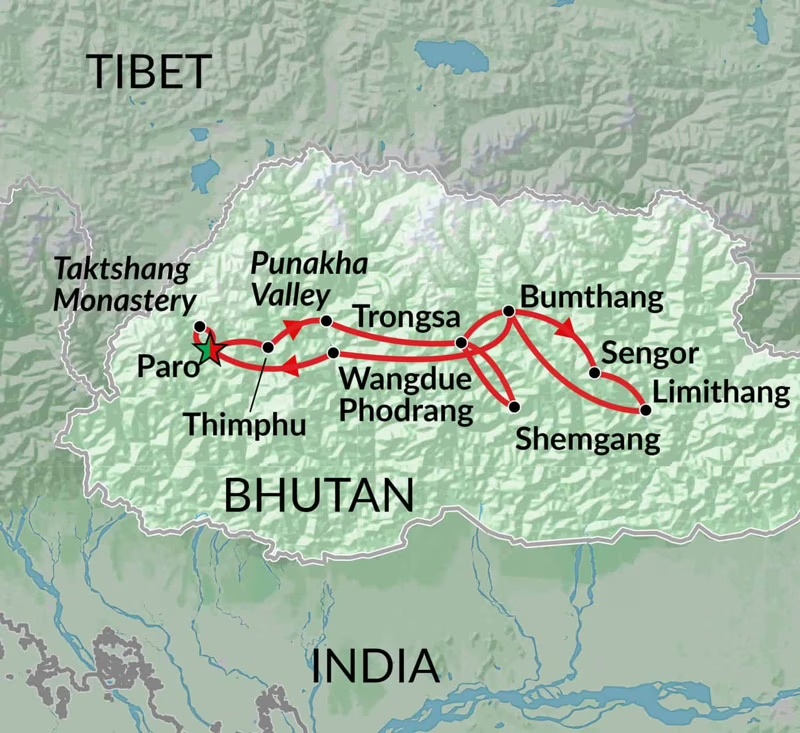 tourhub | Encounters Travel | Birds of Bhutan tour | Tour Map