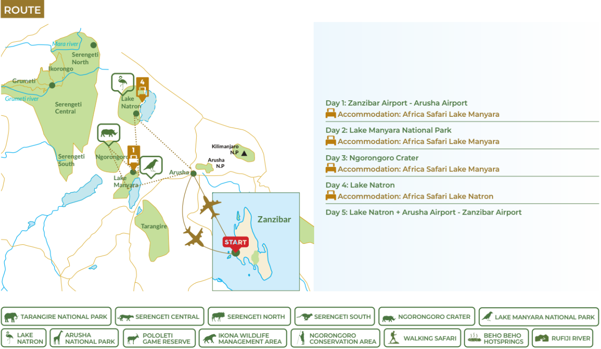 tourhub | Beach and Safari Holidays | From Zanzibar:5-Day All-Inclusive North safari National Park | Tour Map