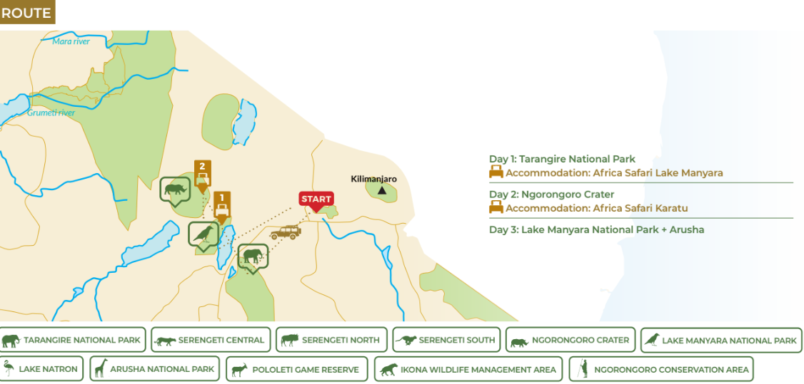 tourhub | Beach and Safari Holidays | A 3-Day Safari Expedition through Tanzania | Tour Map