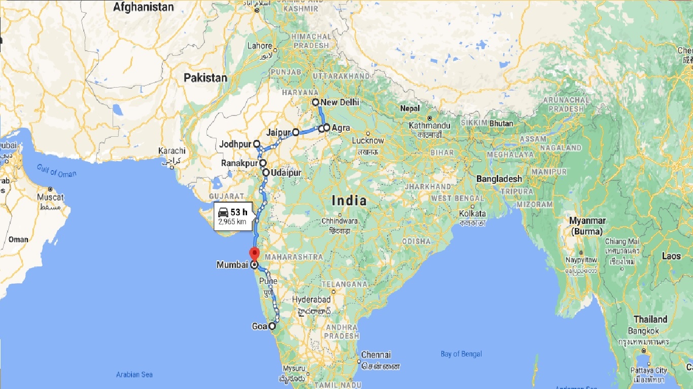 tourhub | UncleSam Holidays | North India Tour with Goa | Tour Map