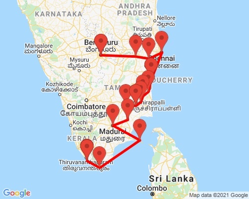 tourhub | Agora Voyages | Bangalore to Kovalam South India Temple & Beach | Tour Map