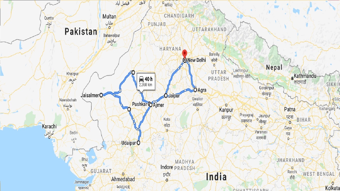 tourhub | Panda Experiences | Rajasthan Agra Delhi Tour | Tour Map