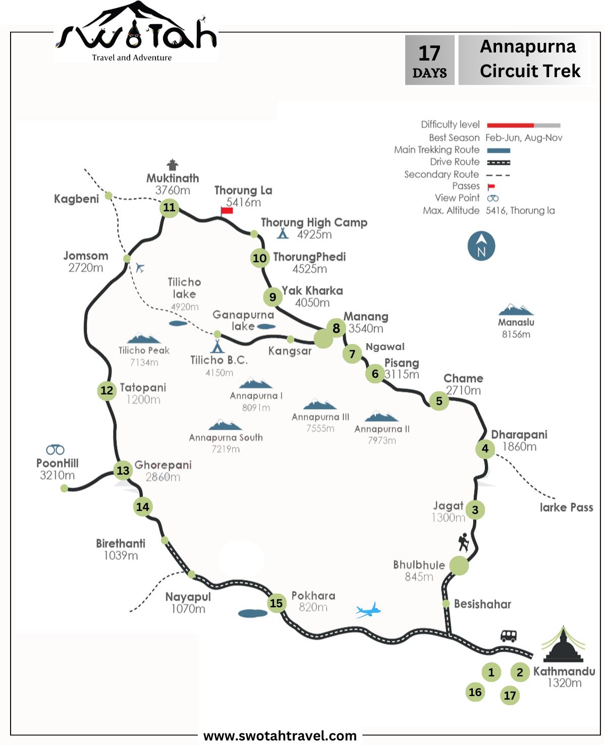 tourhub | Swotah Travel and Adventure | ANNAPURNA CIRCUIT TREK | 17ACT | Route Map