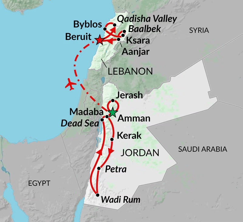 tourhub | Encounters Travel | Jordan & Lebanon Express | Tour Map