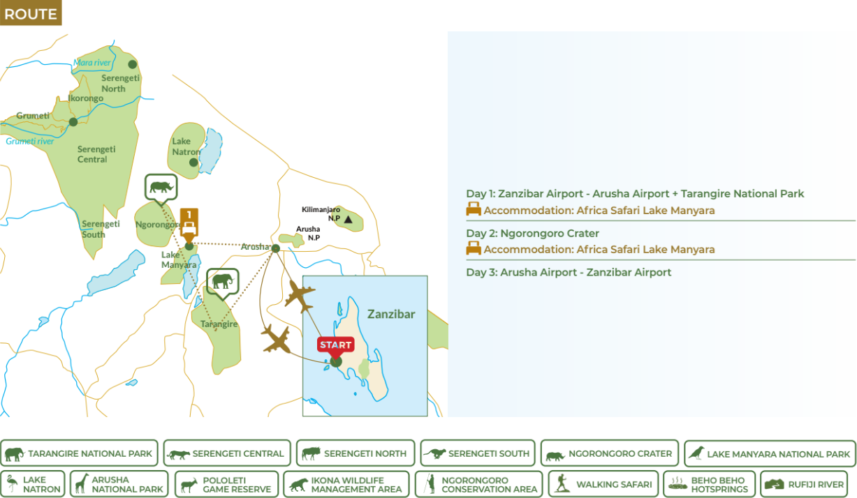 tourhub | Beach and Safari Holidays | From Zanzibar: 2 Days Safari Northern Circuit with Flights | Tour Map