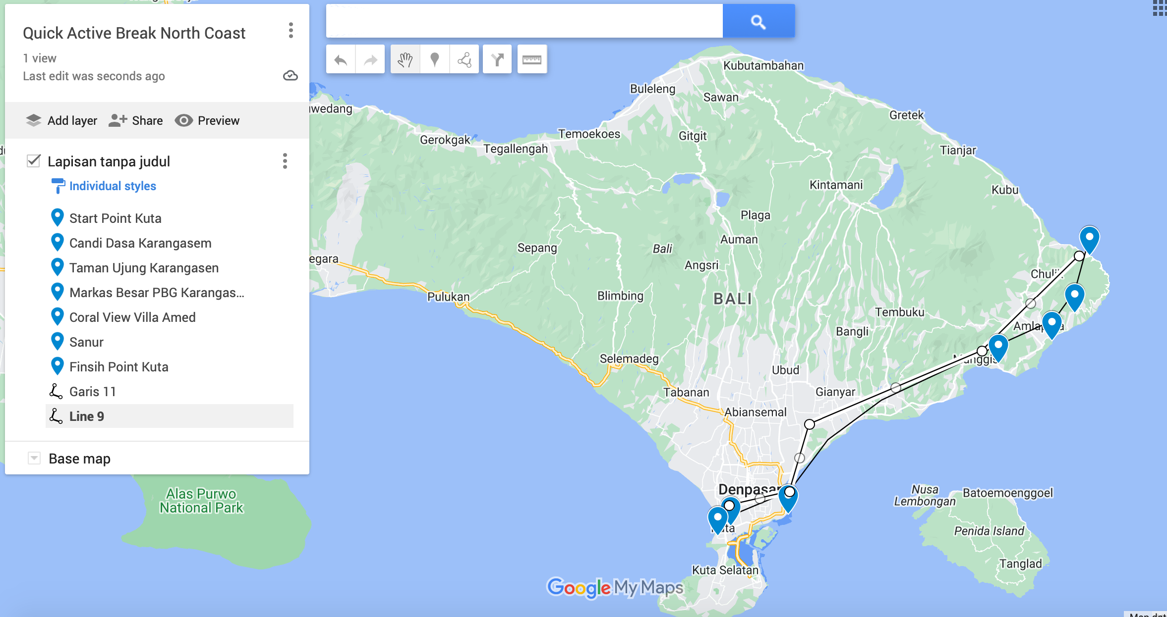 tourhub | Active Bali | Active Adventure: Embark on a Private Tour for Two Days at Bali's North Coast | Tour Map
