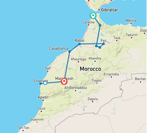 tourhub | Best Tours Morocco | Private Moroccan Adventure: Tangier, Chefchaouen, Fes, Essaouira, and Marrakech | Tour Map