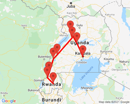 tourhub | Kent Safari Tours | 11 Days Uganda And Rwanda Private Safari Tour | Tour Map