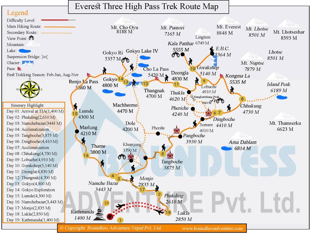 tourhub | Boundless Adventure P. Ltd. | Everest Three High Passes | Tour Map