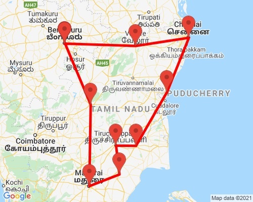 tourhub | Agora Voyages | Bangalore to Across The Temples in South India | Tour Map