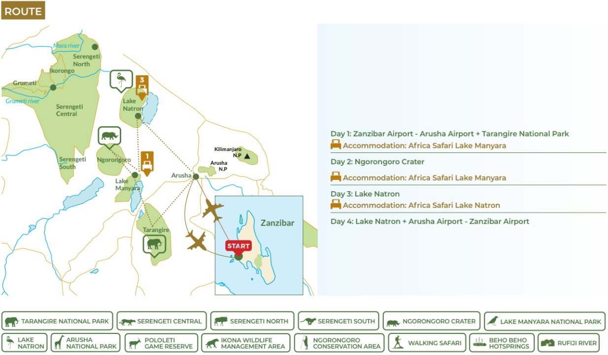 tourhub | Beach and Safari Holidays | Tarangire N.P., Lake Manyara N.P. + Ngorongoro Crater + Lake Natron | Tour Map