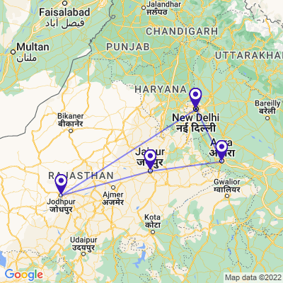 tourhub | UncleSam Holidays | Golden Triangle Tour with Jodhpur | Tour Map