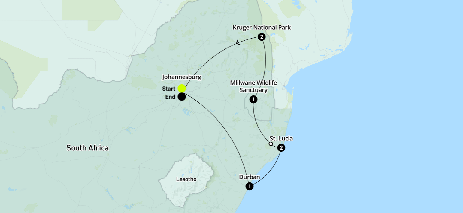 tourhub | Contiki | Kruger Safari with Eswatini | 2026 | Tour Map