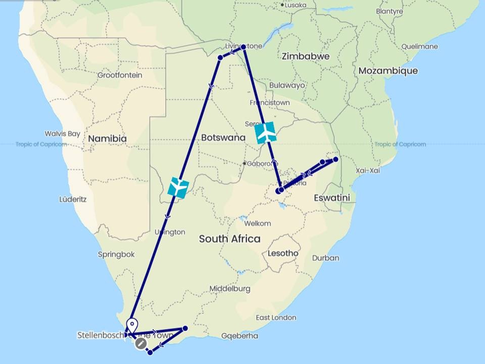 tourhub | HoneyBadger Travel & Tours | Cape Victoria Discover Tour: 12 Day Kruger Park, Victoria Falls, Chobe, Cape Town | Tour Map