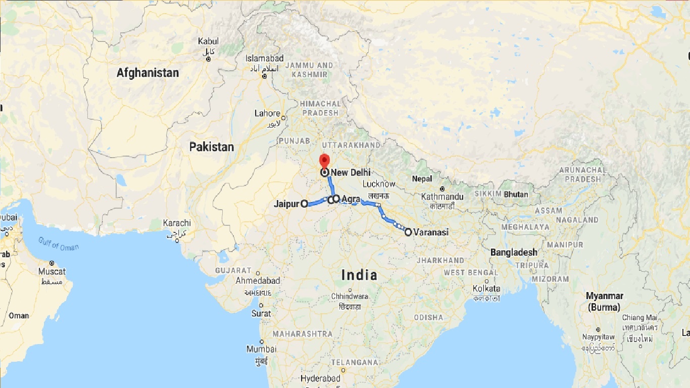 tourhub | GT India Tours | Golden Triangle with Varanasi Tour | Tour Map