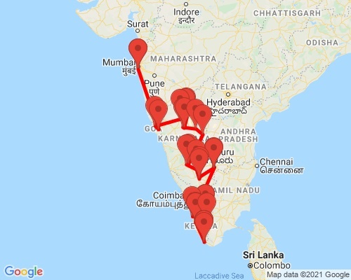 tourhub | Agora Voyages | 21 Days Mumbai & Goa with Architecture & Backwater of South India | Tour Map