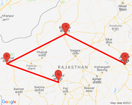 tourhub | Agora Voyages | Jodhpur to Jaipur via Sand Dune Cities of Jaisalmer & Bikaner | Tour Map