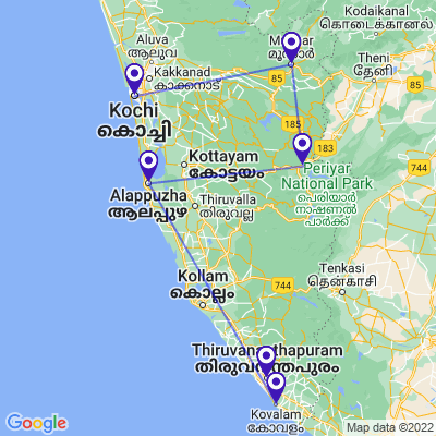 tourhub | Panda Experiences | Backwaters & Wildlife Tour - Kerala | BWTK8 | Route Map