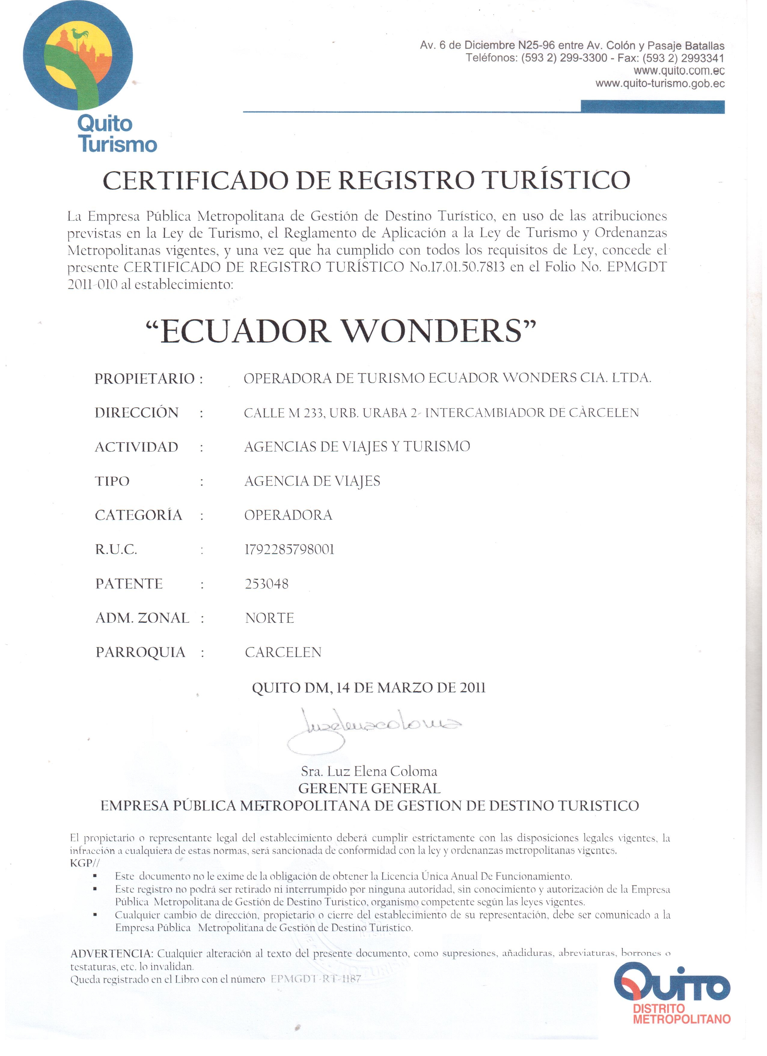 Tourist registration certificate