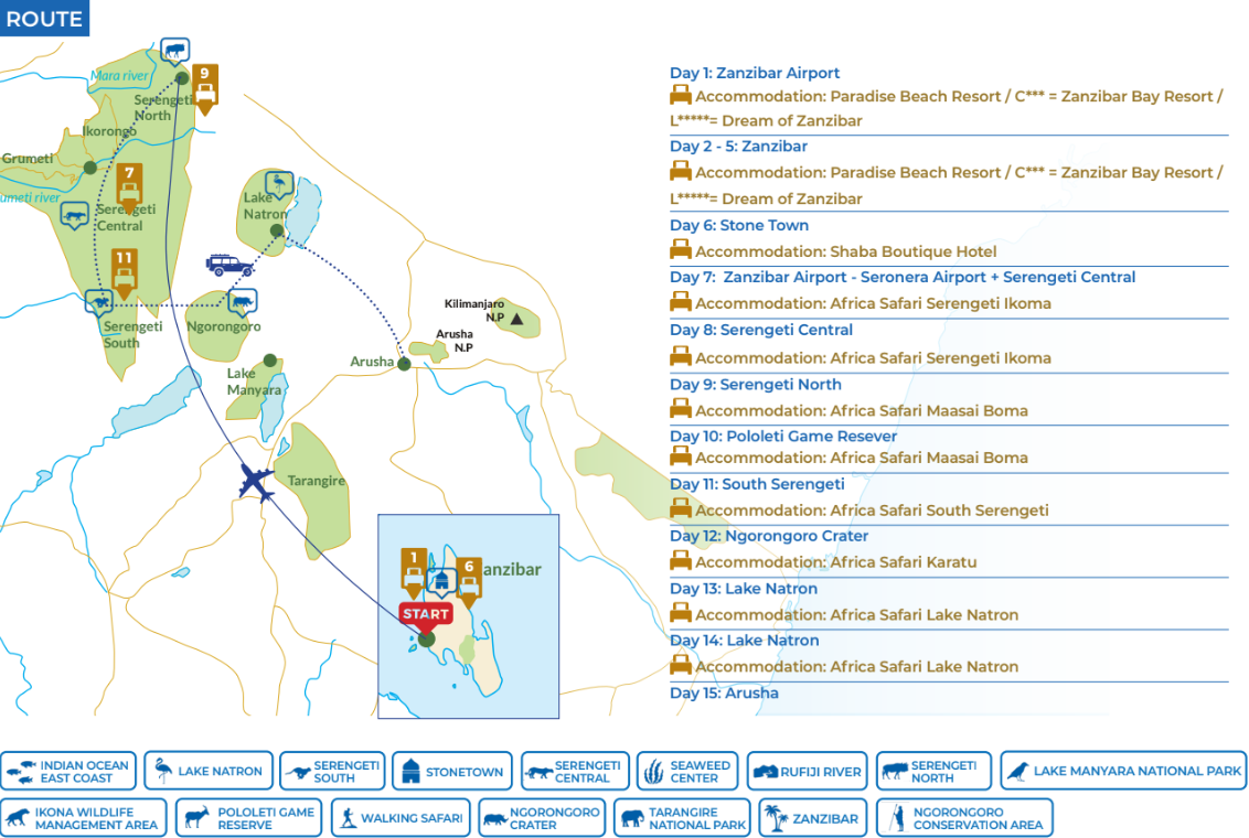 tourhub | Beach and Safari Holidays | Holidays Zanzibar & Fly-In Drive Round Trip | Tour Map