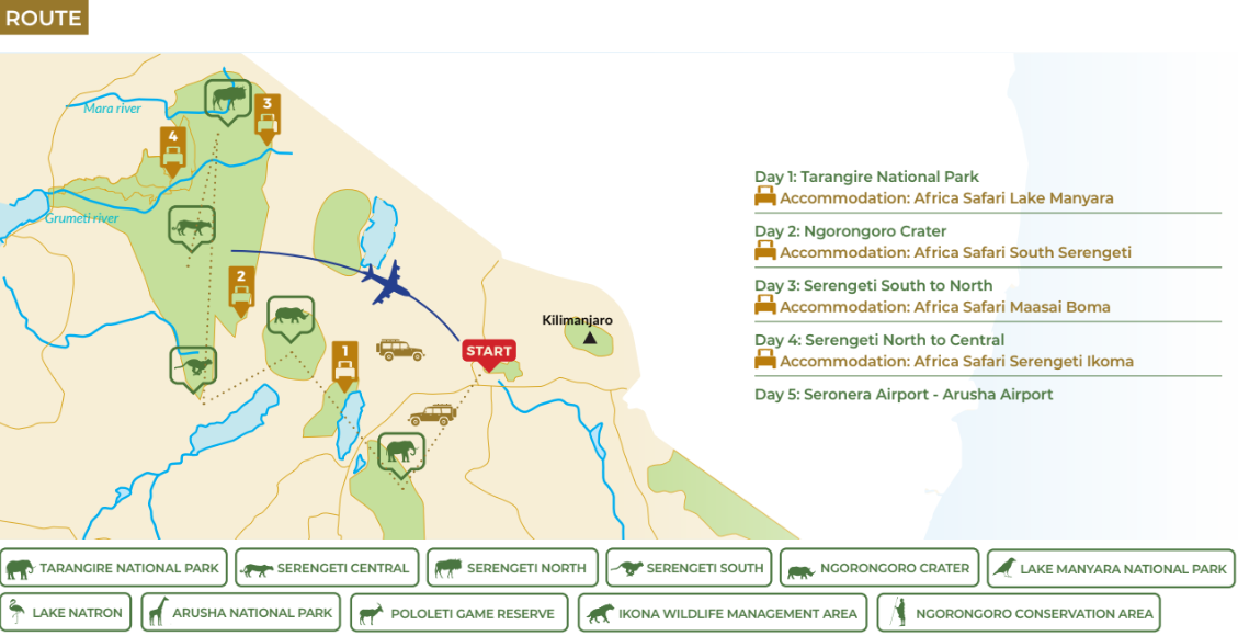 tourhub | Beach and Safari Holidays | Explore the Serengeti and More in 5 Days | Tour Map