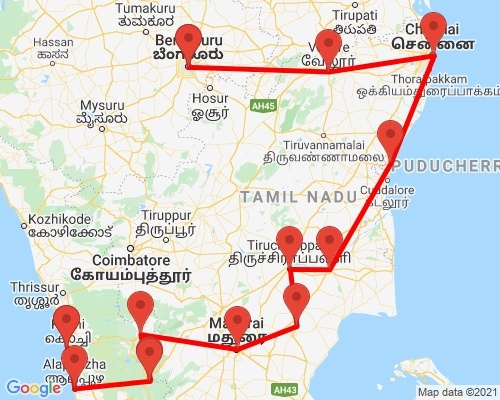 tourhub | Agora Voyages | Bangalore to Cochin South India Temple & Backwater | Tour Map