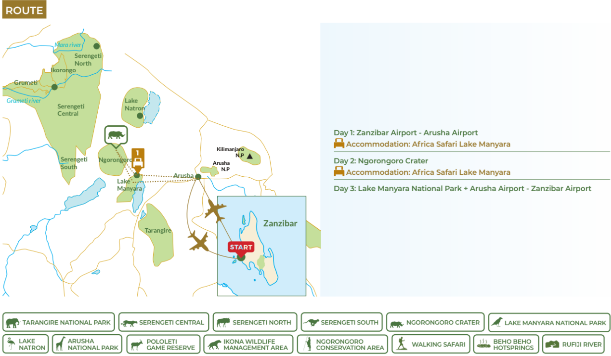 tourhub | Beach and Safari Holidays | Tarangire N.P. + Ngorongoro Crater + Lake Manyara N.P. | Tour Map