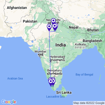 tourhub | UncleSam Holidays | Golden Triangle with Kerala | Tour Map