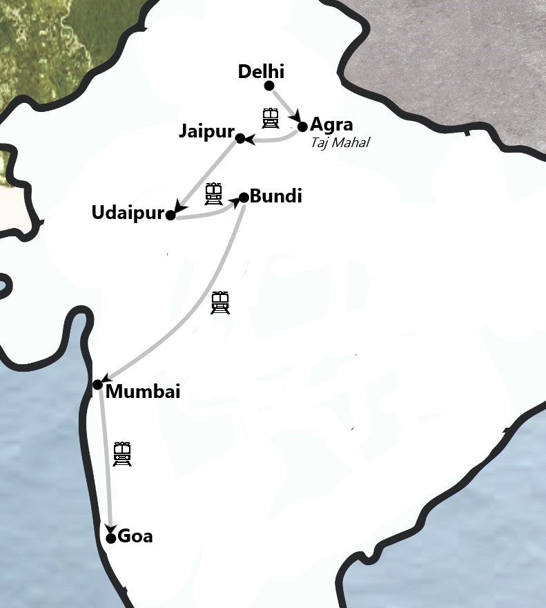 tourhub | Travel N Tours India | New Delhi to Rajasthan with Goa by Rail [13 Days] | Tour Map