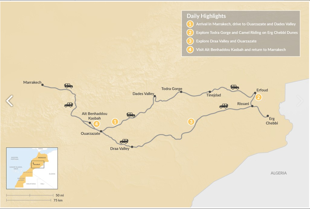 tourhub | Voyagiste Maroc | 4 Days Marrakech Desert Tour to Merzouga | Tour Map