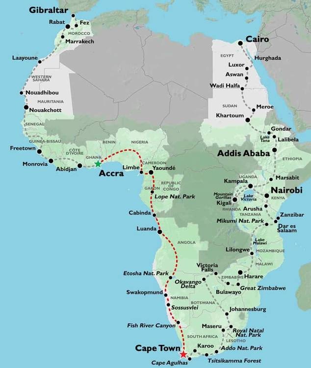 tourhub | Oasis Overland | Accra to Cape Town (86 Days) Trans Africa | Tour Map