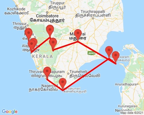 tourhub | Agora Voyages | Kerala Nature & Pilgrimage Tour | Tour Map