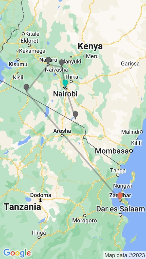 tourhub | Africa Safari Bookings Advisory Center | 10 DAYS KENYA SAFARI AND FLY TO ZANZIBAR BEACH TOUR | Tour Map