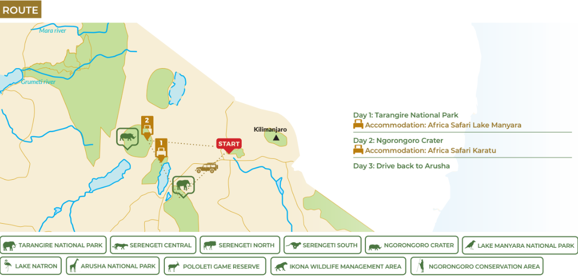 tourhub | Beach and Safari Holidays | From Arusha: 3-Day Game Drive Tarangire & Ngorongoro Crater | Tour Map