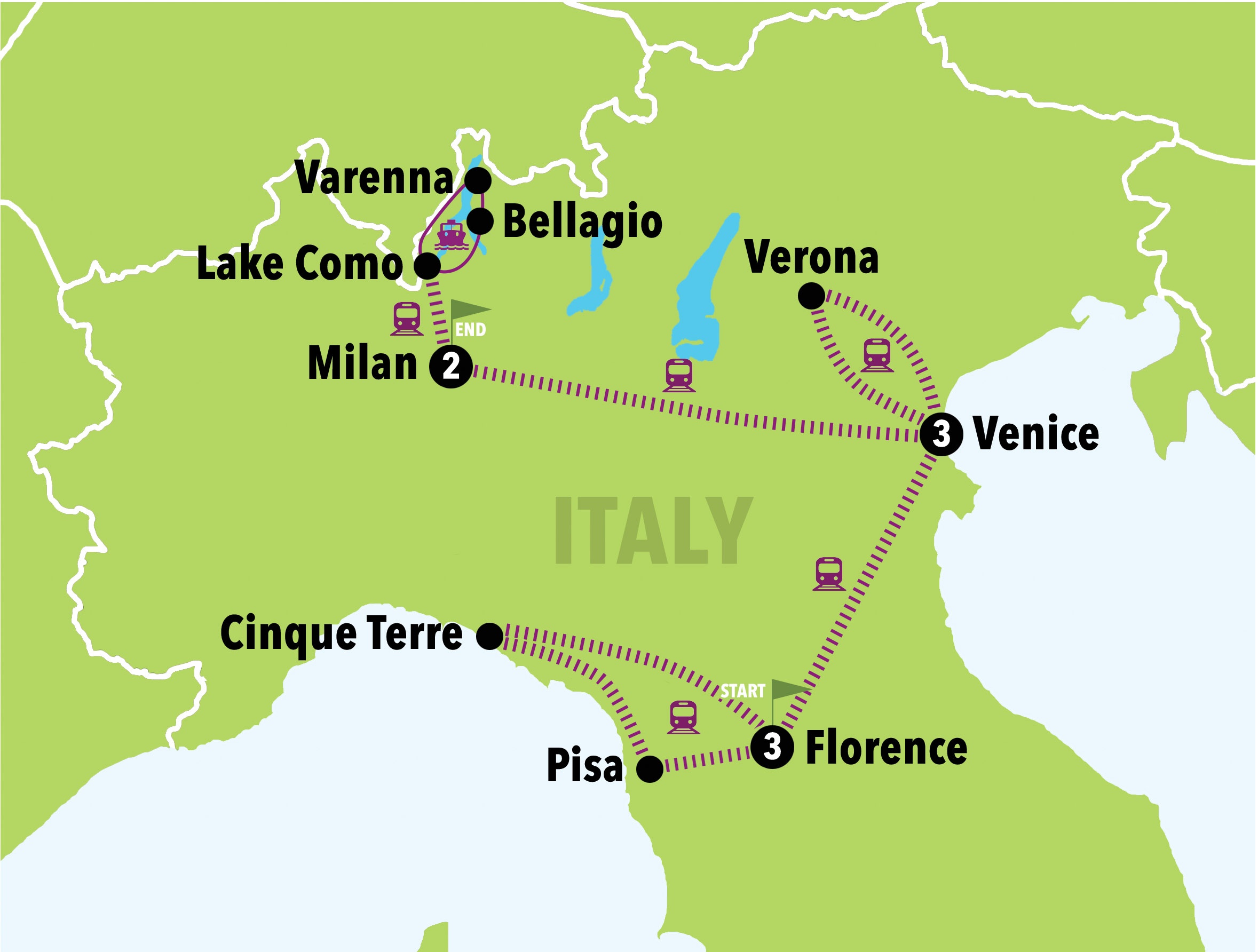 tourhub | Italy on a Budget tours | Let's Go North | Tour Map
