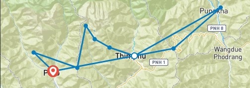 tourhub | Bhutan Acorn Tours & Travel | Bhutan Cultural Tour Incl. 2-Day Return Trek To a Sacred Mountain meadow (Bumdrak) | Tour Map