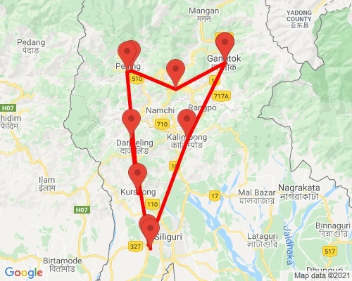 tourhub | Agora Voyages | Eastern Himalaya (Darjeeling, Pelling, Gangtok & Kalimpong) from Bagdogra | Tour Map